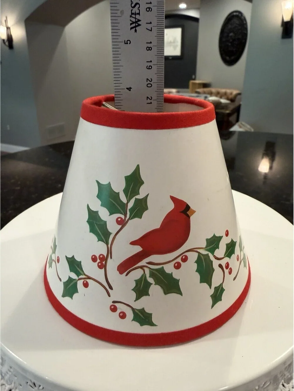 Vtg Christmas Clip On Mini Lamp Shade Cardinal & Holly Berries 4x5”
